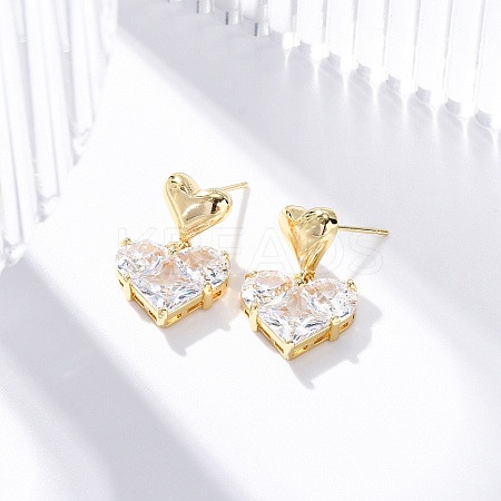 Rack Plating Heart Brass Micro Pave Clear Cubic Zirconia Dangle Stud Earrings EJEW-H147-18G-1