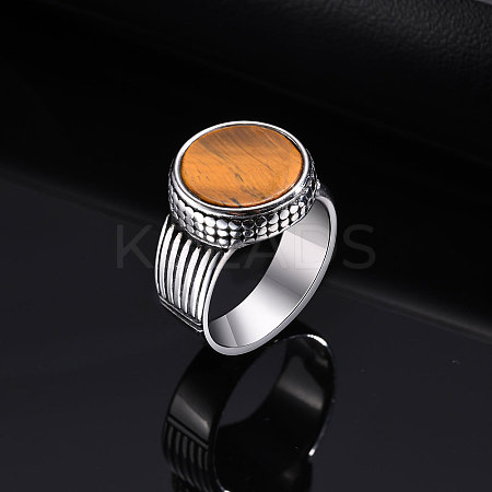 304 Stainless Steel with Natural Tiger Eye Finger Rings for Men FS-WGE1297-02-1