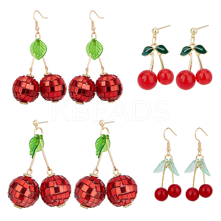 4 Pairs 4 Styles Foam & Glass & Acrylic Cherry Dangle Stud Earrings with Brass Pins EJEW-FI0002-88-1