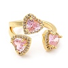 Pink Cubic Zirconia Triple Heart Open Cuff Ring RJEW-E064-06G-01-2