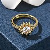 Flower Brass with Clear Cubic Zirconia Finger Rings for Women RJEW-Z111-01G-2