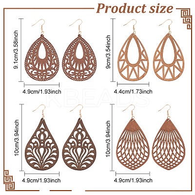 4 Pairs 4 Styles Natural Wood Hollow Out Teardrop Dangle Earrings EJEW-AN0003-55-1