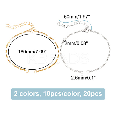 20Pcs 2 Colors 304 Stainless Steel Cable Chain Link Bracelet Making STAS-UN0047-15-1