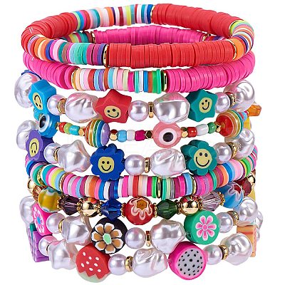 Flower Fruit Theme Beads Stretch Bracelets Set BJEW-SW00013-1