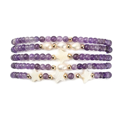 5Pcs 5 Style Natural Amethyst & Pearl & Shell Star Beaded Stretch Bracelets Set BJEW-JB09495-04-1