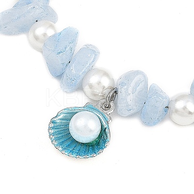 Alloy Enamel Shell Shape Charm White Round Shell Pearl & Natural Dyed Aquamarine Chip Beaded Anklets AJEW-AN00734-02-1