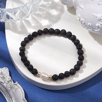 6mm Round Natural Lava Rock & Pearl Beaded Stretch Bracelets for Women BJEW-JB10619-02-1