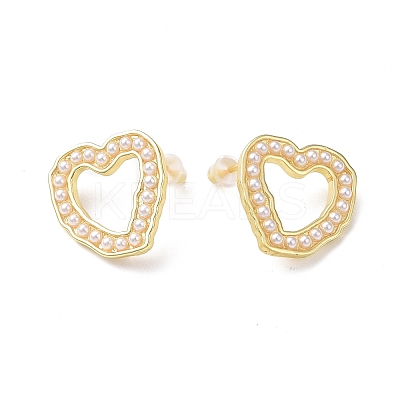 Plastic Imitation Pearl Beaded Hollow Out Heart Stud Earrings EJEW-F306-02G-1