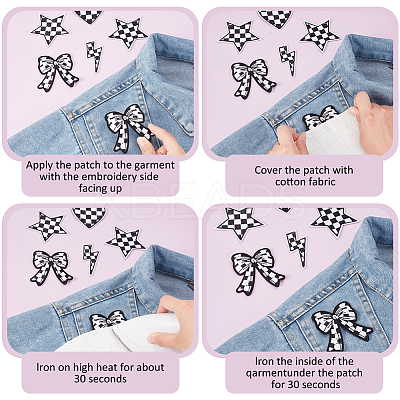 22Pcs 4 Styles Black and White Tartan Pattern Polyester Computerized Embroidery Cloth Iron on/Sew on Patches PATC-GA0001-75-1