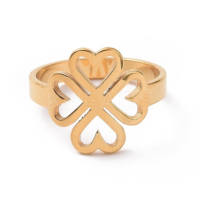 Ion Plating(IP) 201 Stainless Steel Heart Clover Finger Ring RJEW-J051-01G-1