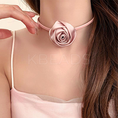 1Pc Fabric French Rose Flower Pendant PU Leather Choker Women's Necklaces NJEW-CL0001-06C-1