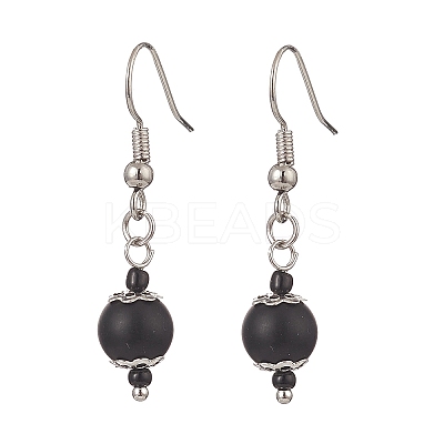 Synthetic Black Stone & Glass Round Beaded Dangle Earrings EJEW-JE05163-1