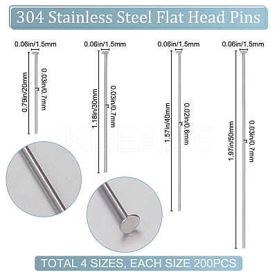 800Pcs 4 Styles 304 Stainless Steel Flat Head Pins STAS-BBC0003-10-1