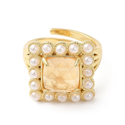 Ion Plating(IP) Natural Mixed Gemstone Square Adjustable Ring with Plastic Pearl Beaded RJEW-E075-04G-1