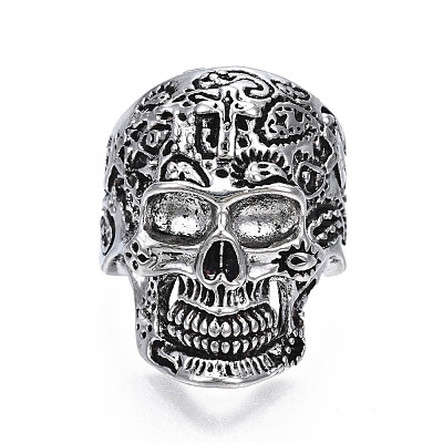 Gothic Punk Skull Alloy Open Cuff Ring for Men Women RJEW-T009-62AS-1