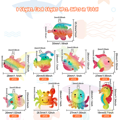 36Pcs 9 Styles Ocean Theme Transparent Resin Pendants RESI-CA0001-46-1