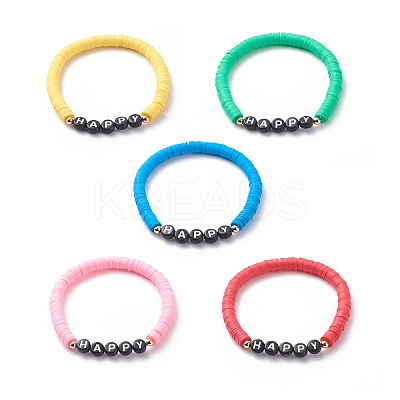 5Pcs 5 Color Handmade Polymer Clay Disc Surfer Stretch Bracelets Set BJEW-JB08800-1