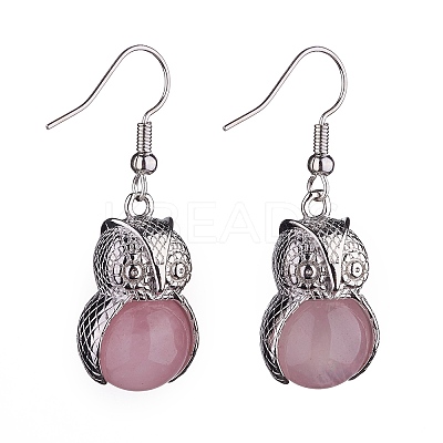 Natural Rose Quartz Owl Dangle Earrings EJEW-A092-08P-04-1