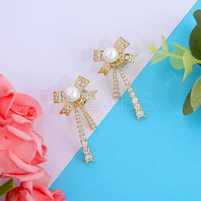 Clear Cubic Zirconia Bowknot Dangle Stud Earrings with Imitation Pearl Beaded JE1094A-1