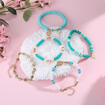 5Pcs 5 Style Handmade Polymer Clay Stretch & Brass Beaded & Alloy Link Chain Bracelets Set BJEW-SZ0001-66C-1
