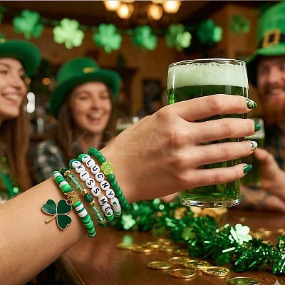 5Pcs 5 Styles Saint Patrick's Day Glass & Resin & Polymer Clay Beads Stretch Bracelets BK9964-5-1