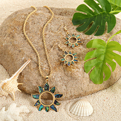 Alloy & Natural Abalone/Paua Shell Pendant Necklaces & Dangle Earrings Sets WGD5CF5-01-1