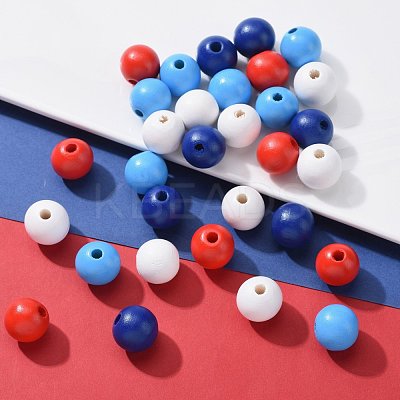 160 Pcs 4 Colors 4 July American Independence Day Painted Natural Wood Round Beads WOOD-LS0001-01D-1