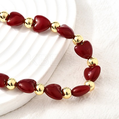 Brass & ABS Imitation Pearl Heart and Round Beaded Necklaces for Women NJEW-D314-11C-G-1