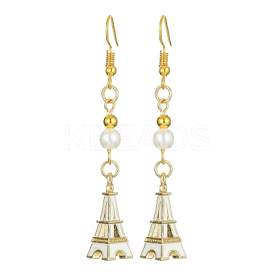 Alloy Enamel Eiffel Tower Dangle Earrings with Imitation Pearl Beaded EJEW-JE05422-03-1