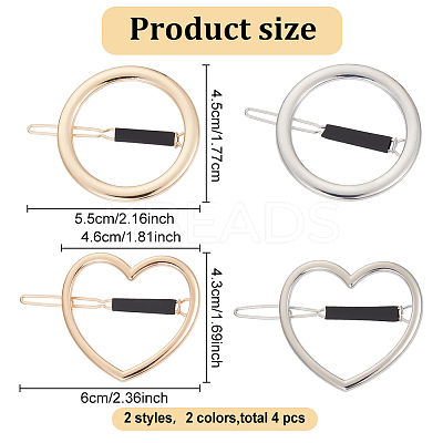 MAKERER 4Pcs 4 Style Alloy Hollow Heart & Ring Hair Pin PHAR-GO0001-01-1