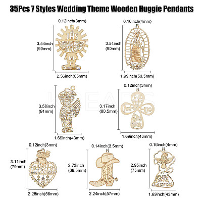 35Pcs 7 Styles Wedding Theme Wooden Huggie Pendants WOOD-CJ0002-07-1