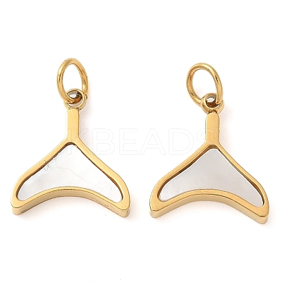 304 Stainless Steel Pave Natural White Shell Whale Tail Charms STAS-Q345-18G-1
