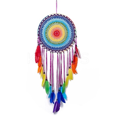 Native Style Iron Ring Woven Net/Web with Feather Wall Hanging Decoration HJEW-A001-09-1
