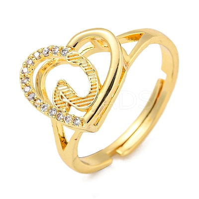Heart with Letter Rack Plating Brass Micro Pave Cubic Zirconia Adjustable Rings for Women RJEW-I105-06G-U-1
