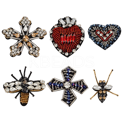 6Pcs 6 Style Bees Flower Heart Handicraft Acrylic Beaded Appliques PATC-GO0001-07-1
