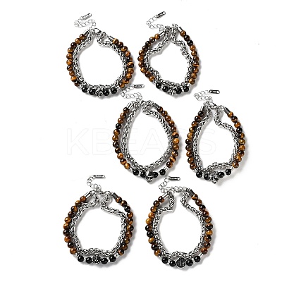 304 Stainless Steel Wheat Chain & Round Natural Tiger Eye and Natural Obsidian Beaded Double Strand Bracelets BJEW-C119-02-1