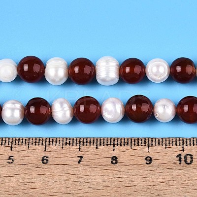 Natural Carnelian(Dyed & Heated) Round & Natural Cultured Freshwater Pearl Grooved Potato Beads Strands PEAR-N019-09-1