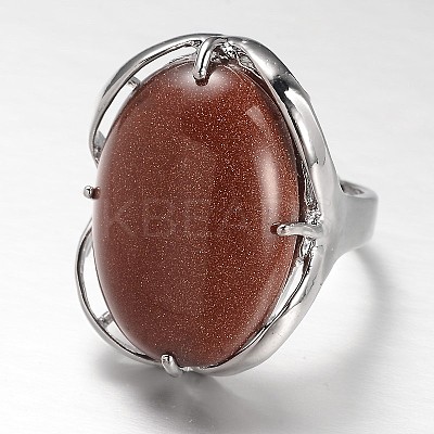Adjustable Oval Brass Synthetic Goldstone Wide Band Rings RJEW-L062-03H-1