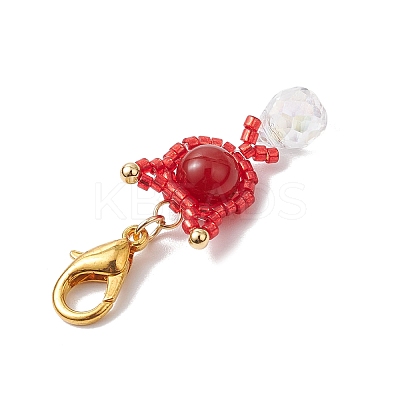 Natural Carnelian & Glass Seed Beaded Cat Pendant Decoration HJEW-MZ00157-07-1