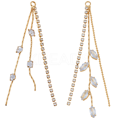 8Pcs 2 Styles Brass Micro Pave Clear Cubic Zirconia Tassel Chains Big Pendants KK-BBC0020-75-1