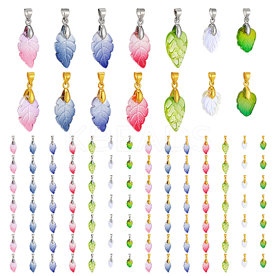 112Pcs 14 Styles Baking Paint Glass Leaf Shape Pendants PALLOY-PH01921-1