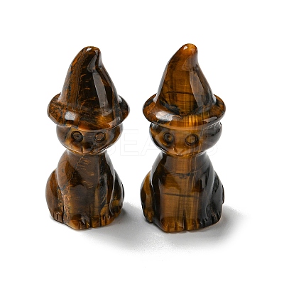 Natural Tiger Eye Carved Healing Cat with Witch Hat Figurines DJEW-D012-07B-1