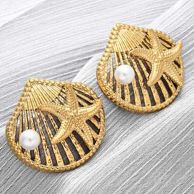 Shell Shape with Starfish 304 Stainless Steel Plastic Imitation Pearl Stud Earrings EJEW-Z109-04G-1