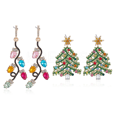 2 Pairs 2 Style Rhinestone Christmas Tree & Leaf Dangle Stud Earrings EJEW-AN0001-99-1