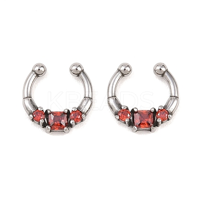 316 Stainless Steel Pave Red Cubic Zirconia Clip on Hoop Nose Rings AJEW-C044-14AS-1