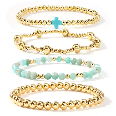 5Pcs 5 Styles Handmade Brass & Natural Amazonite & Glass Beads Stretch Bracelet Set OI0028-5-1