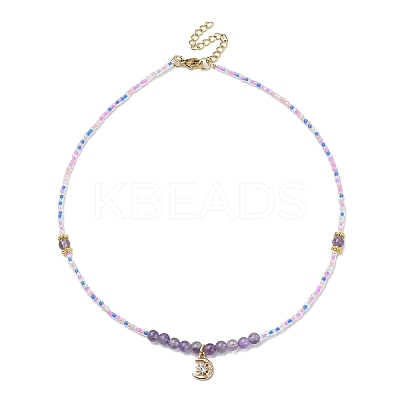 Brass Micro Pave Cubic Zirconia Moon Pendant Necklace NJEW-JN04424-1