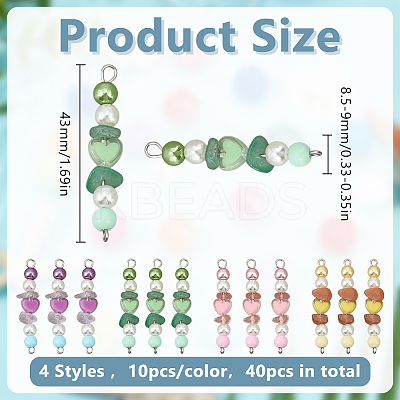 Natural Green Aventurine & Natural Sunstone & Natural Ametrine & Cherry Quartz Glass Chip & Acrylic Heart & Imitation Round Pearl Beaded Connector Charms PALLOY-GO00061-1