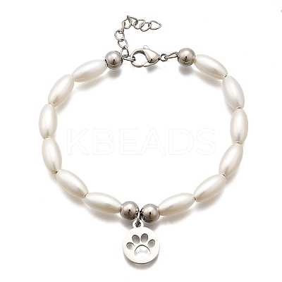 304 Stainless Steel Flat Round with Paw Print Charm Bracelets for Women BJEW-C098-11P-1