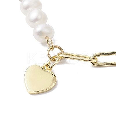 Natural Cultured Freshwater Pearl Beads Paperclip Chains Heart Charm Bracelets with Toggle Clasps for Women BJEW-JB10191-1